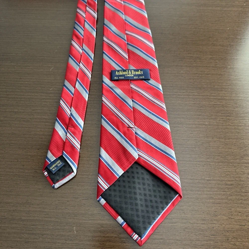 Ashford & Brooks London Handmade 100% Silk Tie Stripes Red /Blue Gray EUC